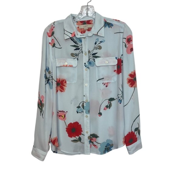 Ann Taylor Loft Blouse Floral Print Button Up Womens Small Light Blue - Picture 1 of 8